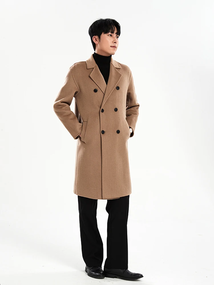 European and American Autumn and Winter New Double Breasted 100% Wool Men's Overcoat Long Handmade Double-Sided Woolen Coat