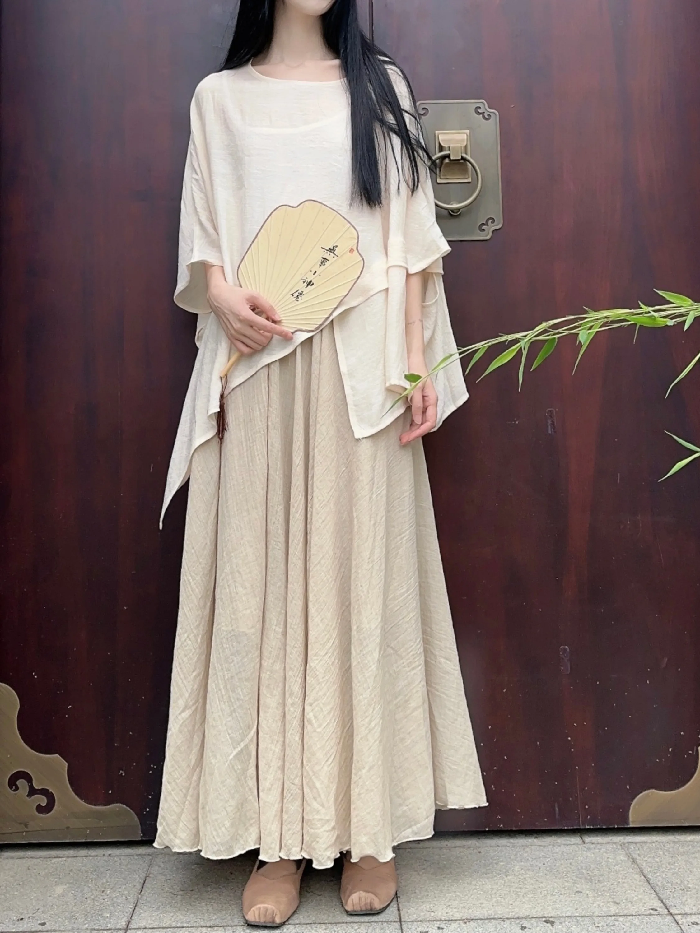 Boho Chic Women's Three-Piece Set Asymmetrical Cotton Linen Top Strap Half-Skirt Casual Comfortable Breathable Fashion