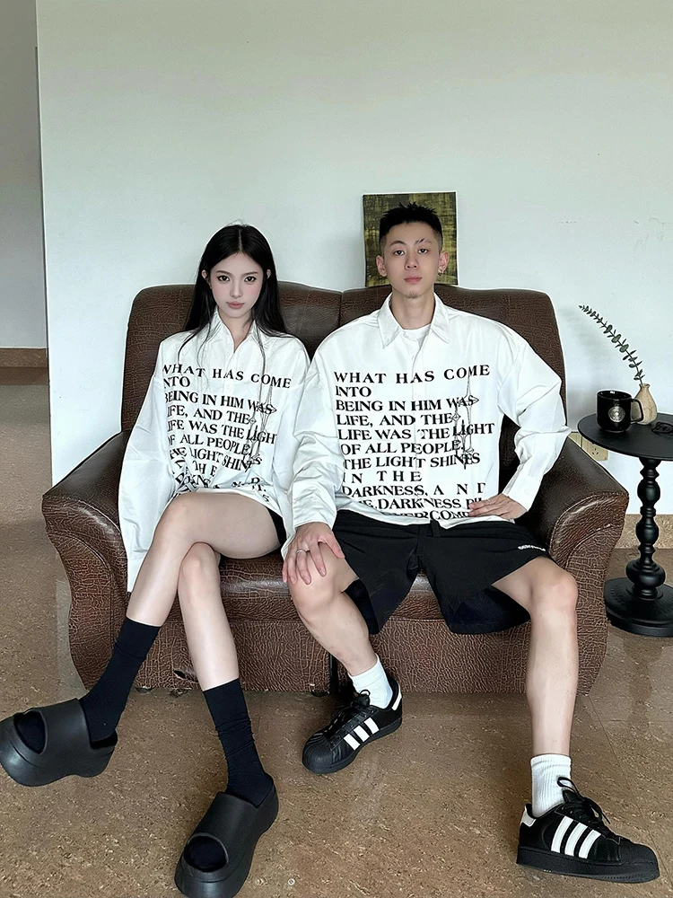 Korean Style Couple Matching Letter Print White Shirt Women's Loose Fit Men's Luxury Sensation Sun Protection Shirt Jacket