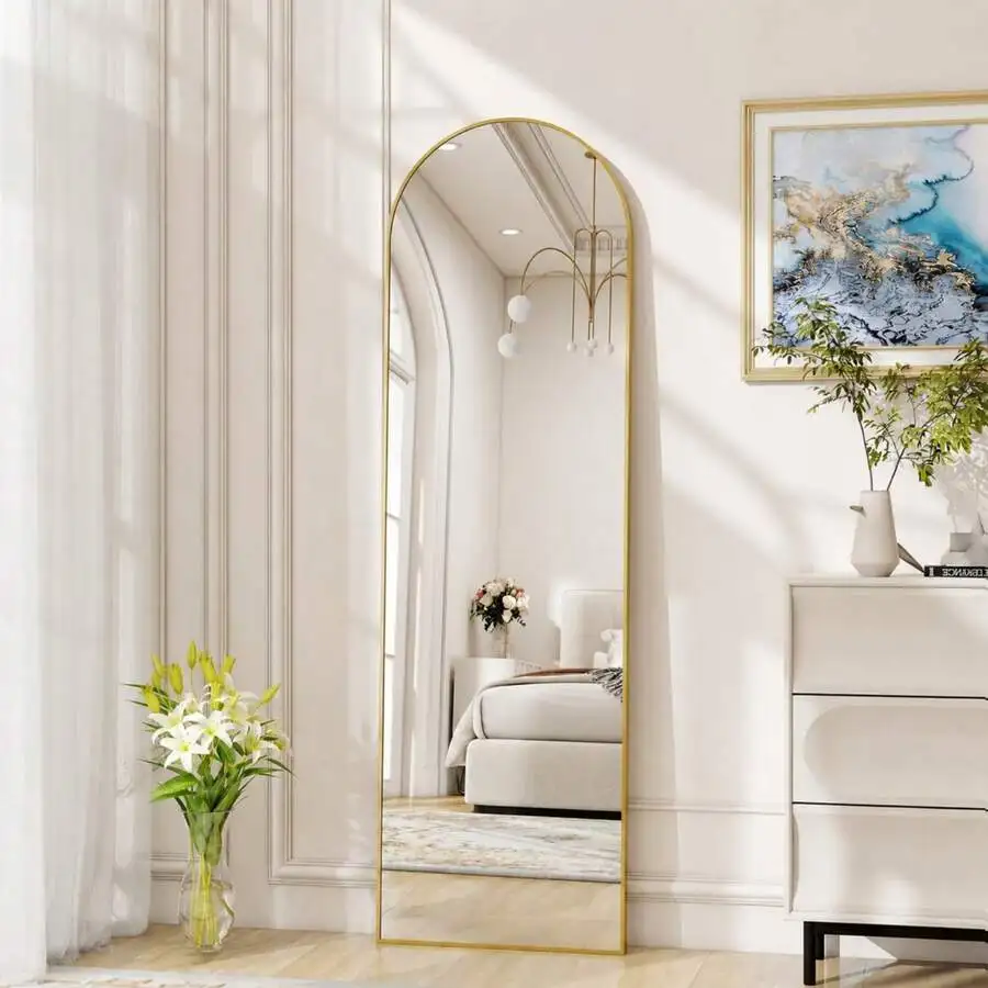56'X15' Arched Full Length Mirror Floor Mirror With Stand, Gold
