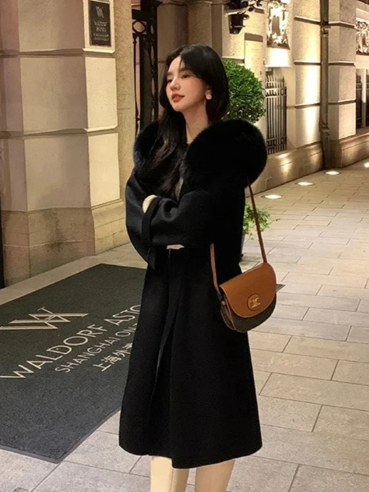2025 Vrouwen Lange Dubbelzijdige Wollen Jas Met Capuchon Echt Vossenbont Kasjmier Wollen Jas Vrouwelijke Mode Elegante Warme Winter kleding