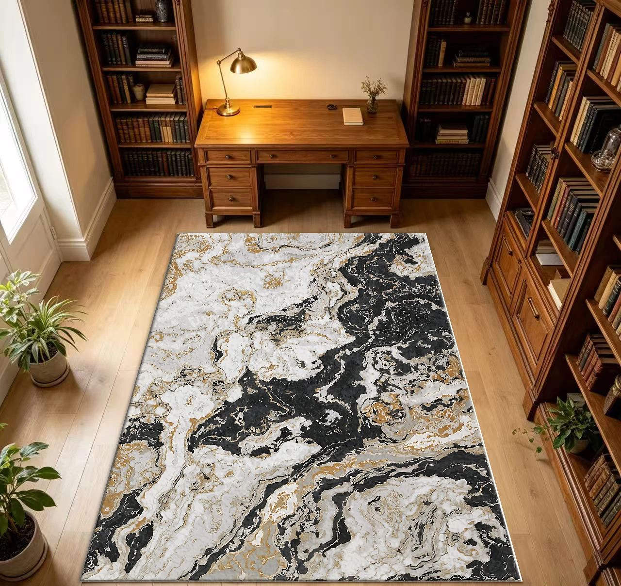 Luxury Black White Gold Marble Pattern Carpet Flooring, Modern Abstract Art Area Rug for Home Decoration
