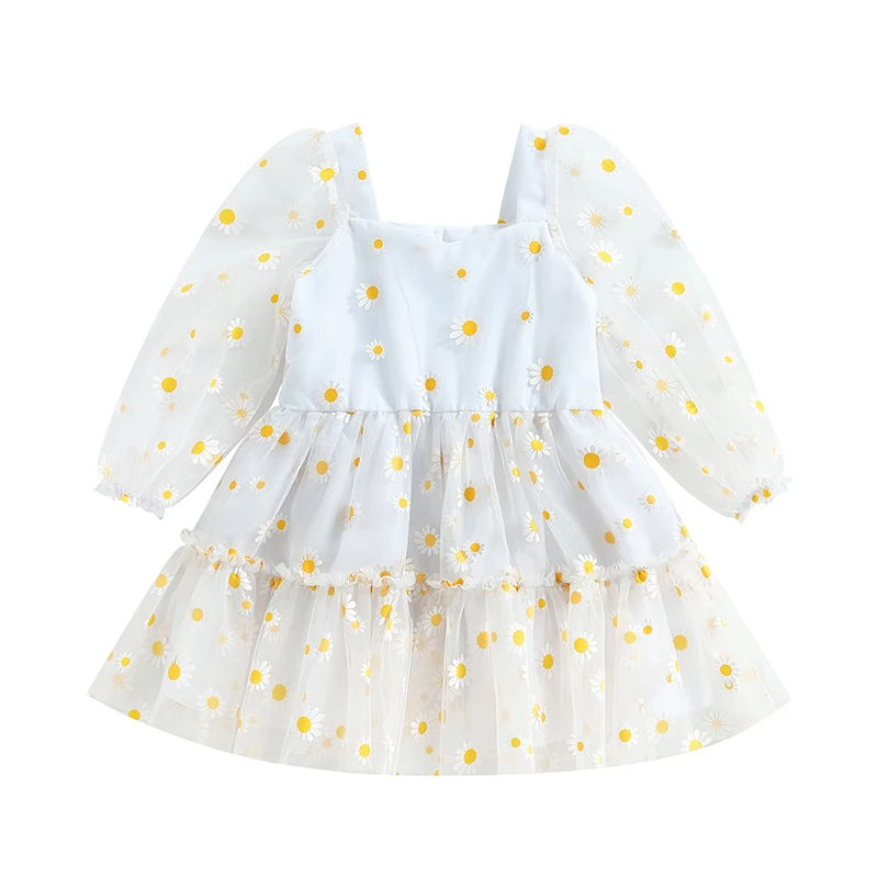 Toddler Baby Girls Princess Tutu A-Line Dress Daisy Print Long Sleeves Ruffle Mesh Tulle Dress