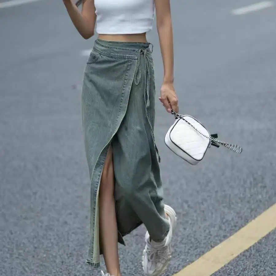 

Luna7xi джинсовая юбка с талией в стиле ретро, женская летняя утягивающая юбка с высокой талией и разрезом, деловая юбка для домашнего использования