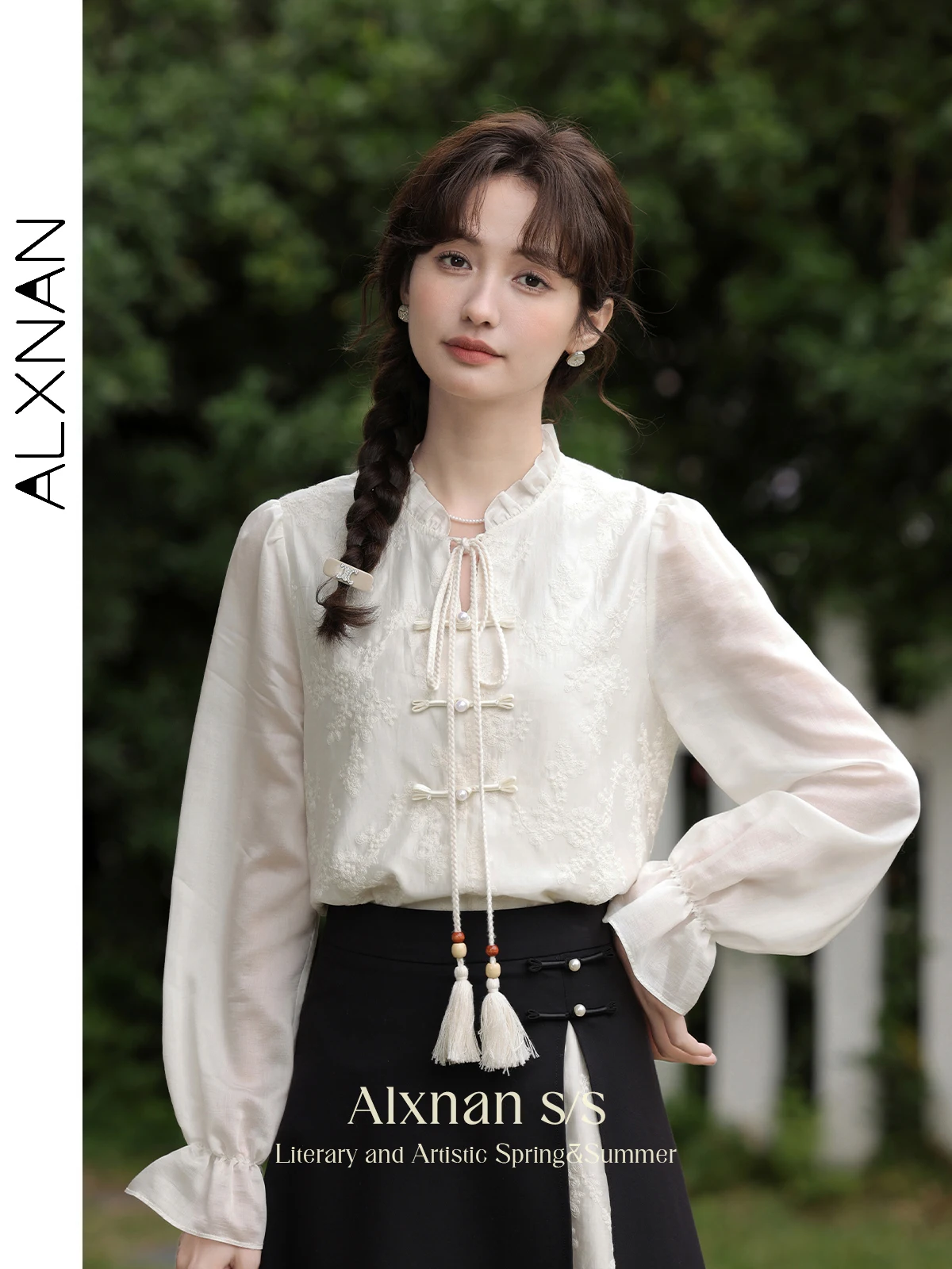 ALXNAN Chinese Style Long Sleeve Shirt Women 2024 Spring Autumn Ruffle Collar Button Down Blouse Embroidered Lace-up Tops L33558