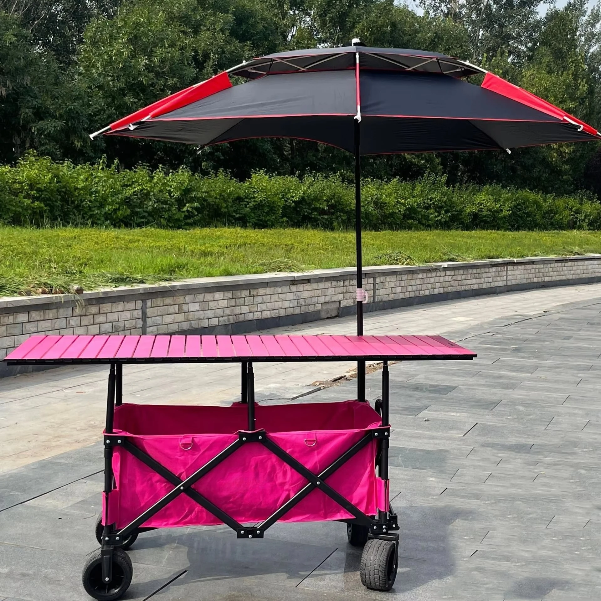 

2025 Adjustable Folding Snack Cart Stall Cart Picnic Camping Cart with Table and Sunshade for Outdoor