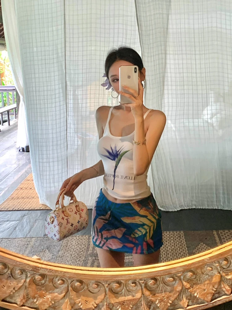 BEARUN Chic Floral Prints White Strap Vest Women Beach Holiday Loose Waist orts Two Piece Set Young Modern Spring Collection
