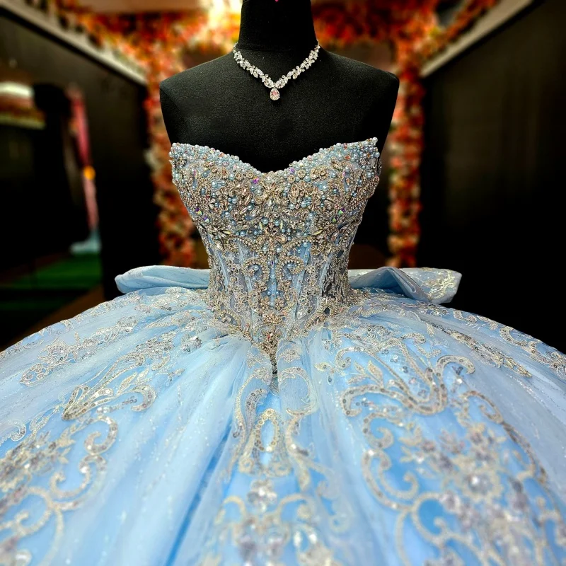 

Shiny Blue Quinceanera Dresses Off the Shoulder Crystal Glitter Decal Long tail Bow Vestido De 15 Quinceanera Customize