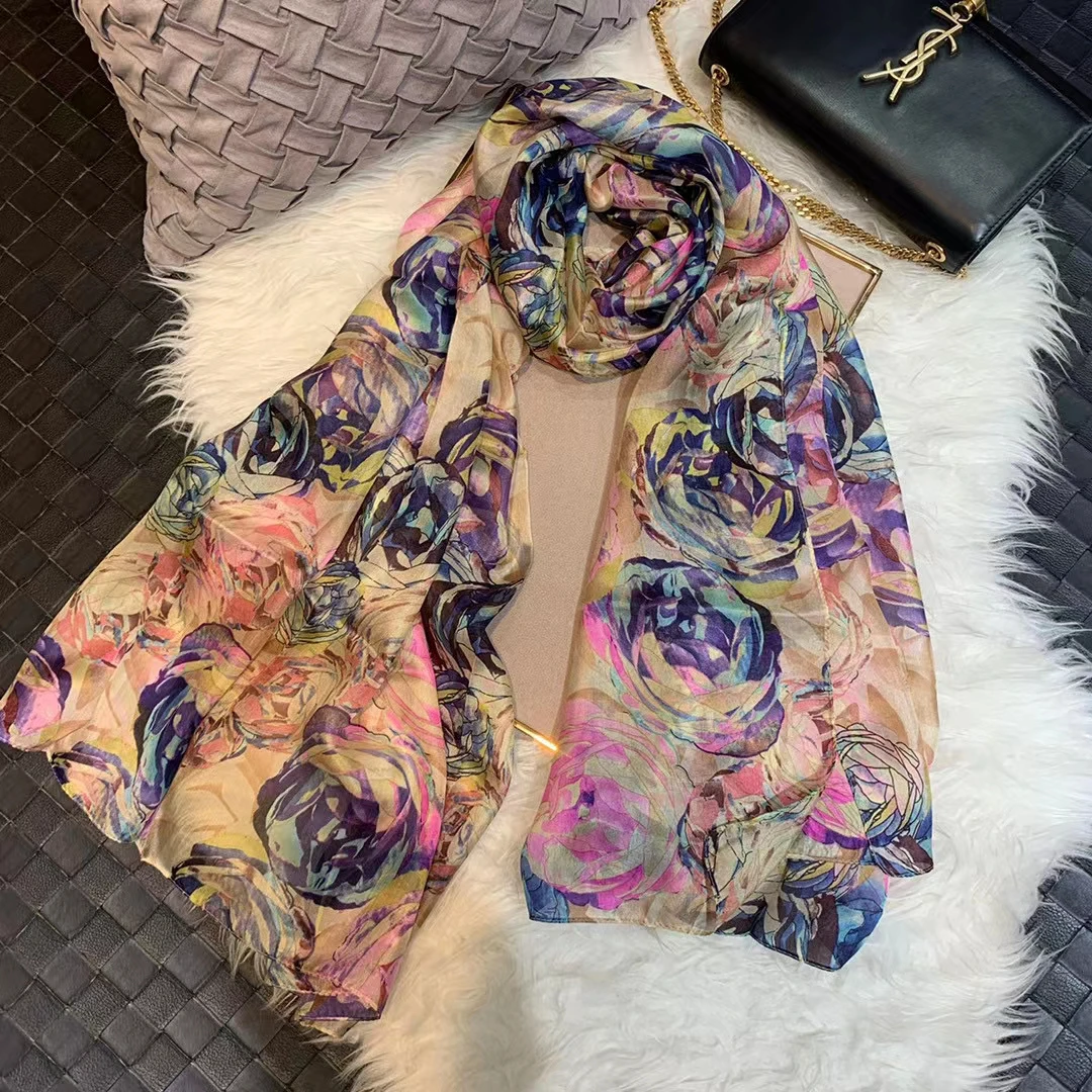 Ladies Green 100% Silk Scarf Shawl Winter Rose Design Women Pure Silk Scarves Wraps Fashion Beach Shawl Cover Ups Pink Scarf