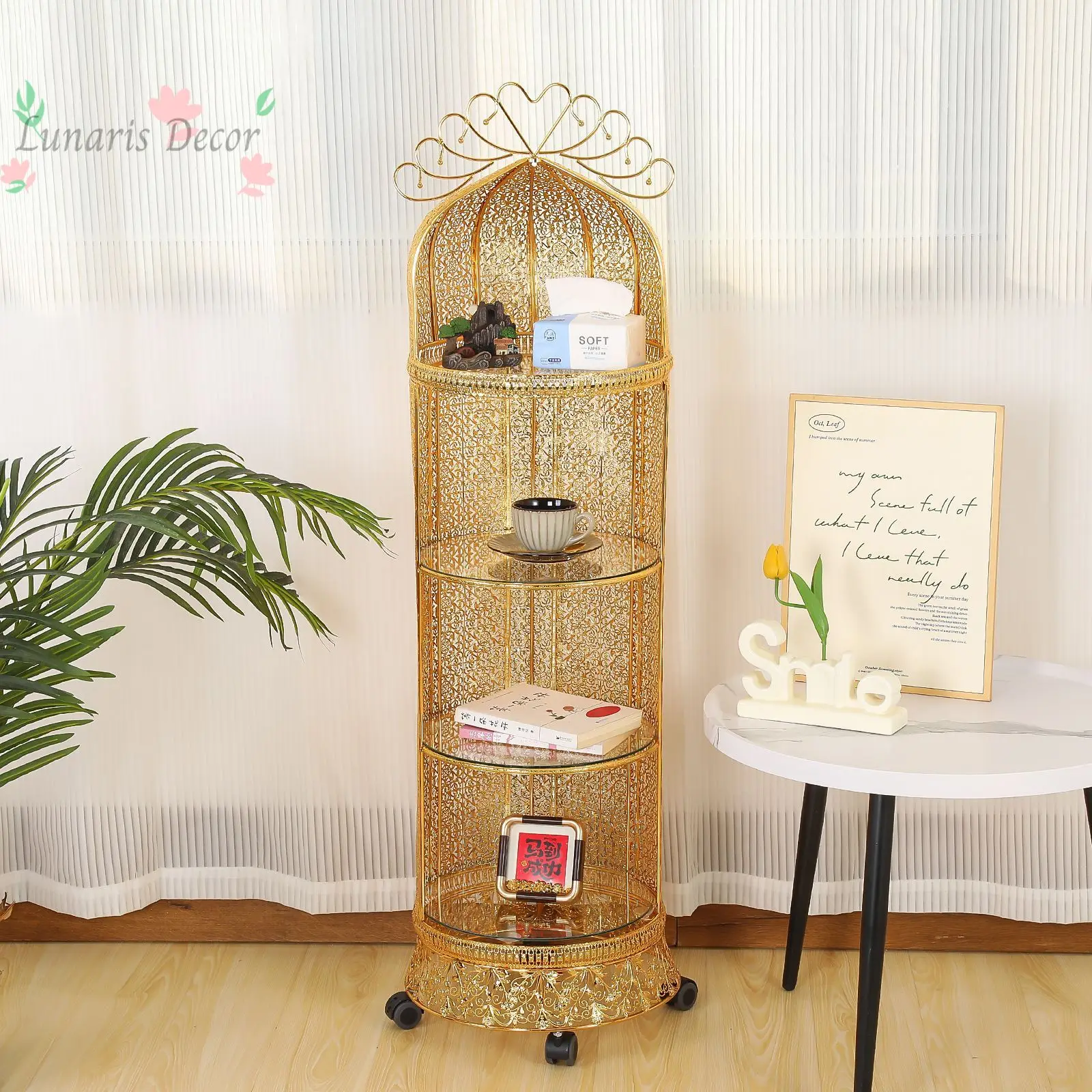 Round cabinet living room retro corner display storage rack bedroom metal hollow storage removable cabinet