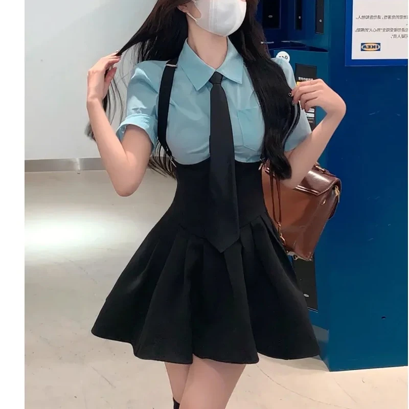 Extra Large Preppy Style Retro Blue Shirt with Tie Sexy Outfit High Waist Corset Strap Pleated Skirt COS JK School Uniform Suit