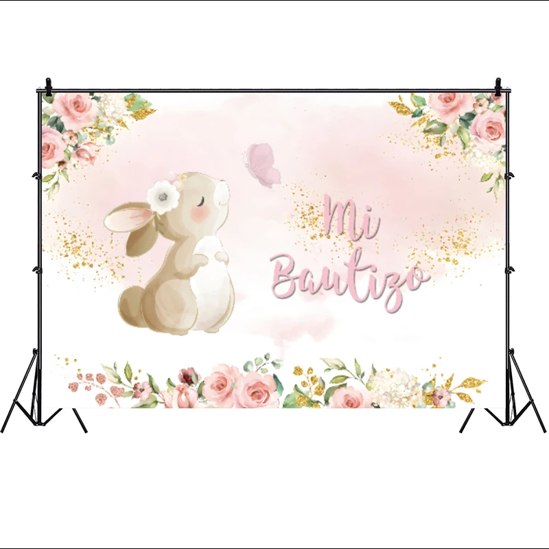 Mi Bautizo Background Pink Flower Bunny Rabbit My Christening Decorations for Girls Boys Party Decor Backdrop Photo Banner Props