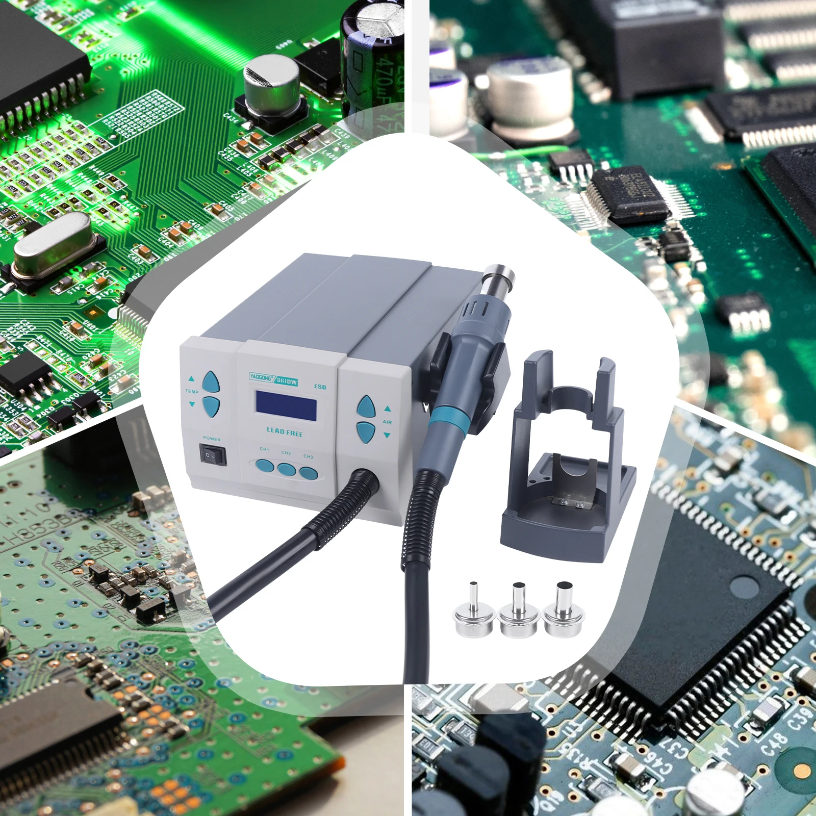 Hot Air Rework Station, 1000W Digital Heat Soldering Rework Station with Adjustable 100℃~500℃ Heat Gun& 3PCS Air Nozzles