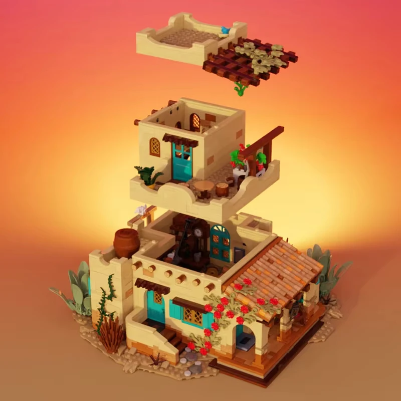 2055 Uds. MOC edificio de ciudad estilo mexicano casa adobe puesta de sol rancho modelo DIY montaje juguetes de bloques de construcción regalo de cumpleaños para niños