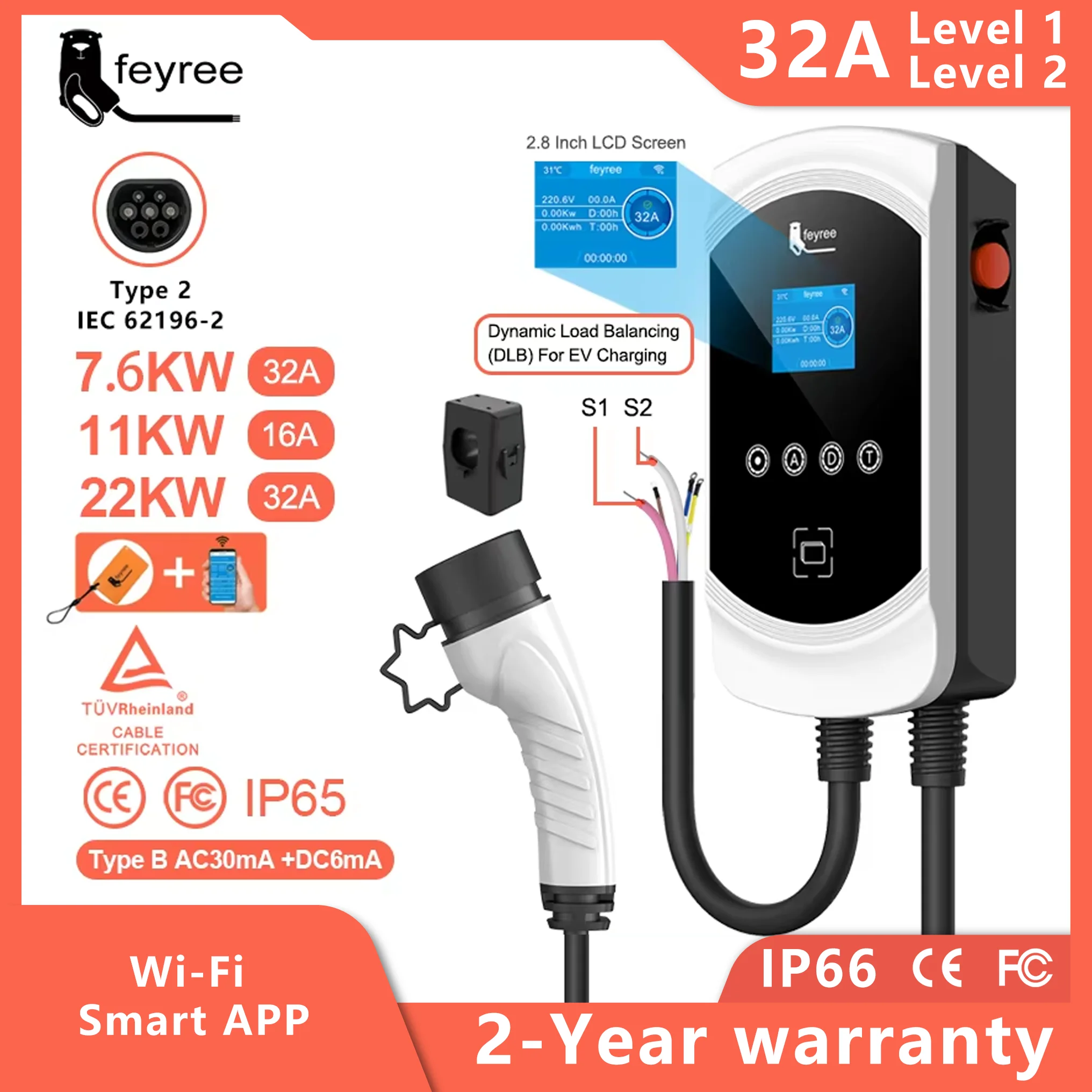 feyree EV Charger Type2 Cable 32A 7.6KW Dynamic Load Blancing EVSE Wallbox APP Function 11KW 22KW Charging Station Electric Car