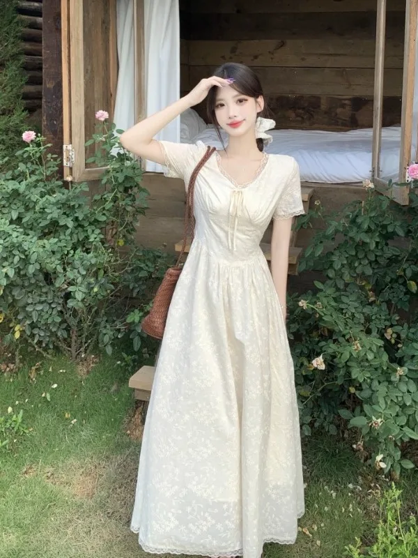 

plus Size Lace Splice V-Neck Short Sleeve Dress Summer Slimming Waist Cinched Knee-Length Maxi Dress Casual A-Line Skirt