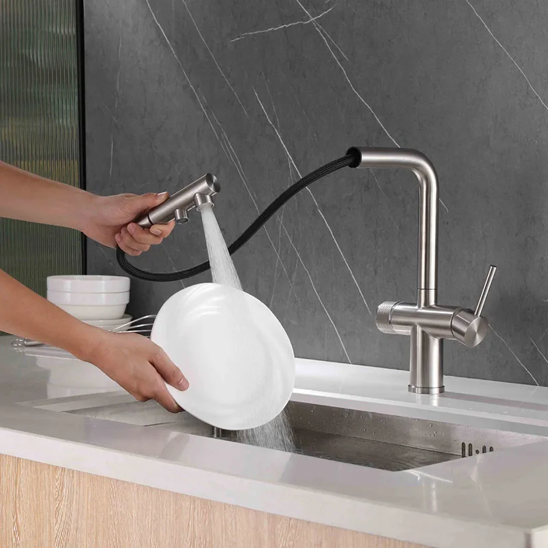 

Никель 304, выдвижной кухонный смеситель из нержавеющей стали, двойной поворотный излив, фильтр для питьевой воды, очиститель, смеситель для раковины