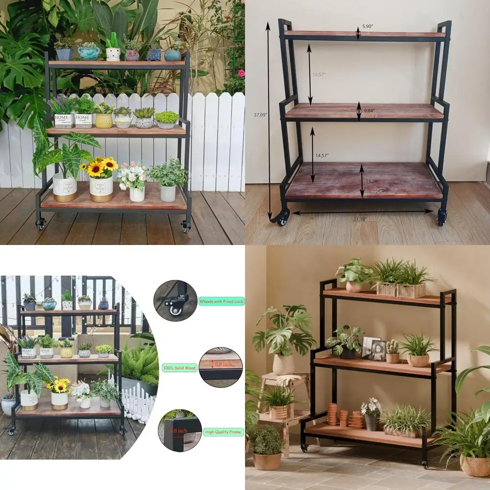 

37 Rolling Metal and Wood Plant Stand, Indoor/Outdoor Use, Multi-Level Shelving