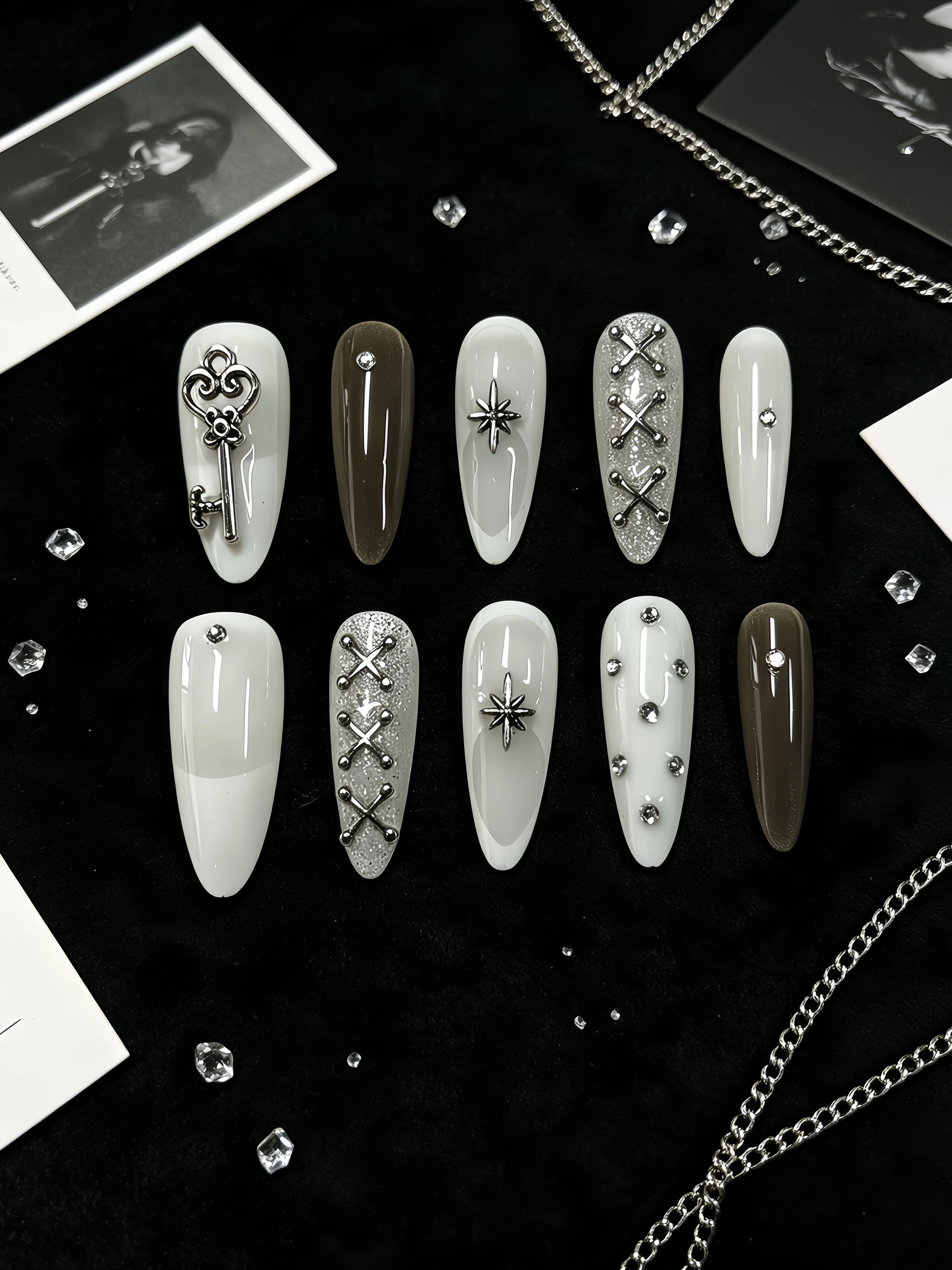 10-Piece Set of Long Waterdrop-Shaped Press-On Nails, Milky White and Black-Gray Gradient Simple Fake Nails, Y2K Subculture Style, High-End Photo Shoot Style, Minimalist Fake Nails for Mature Women, Hot Girls, Office Workers, Students, Dating, Travel, Daily Parties, Nail Art Nails