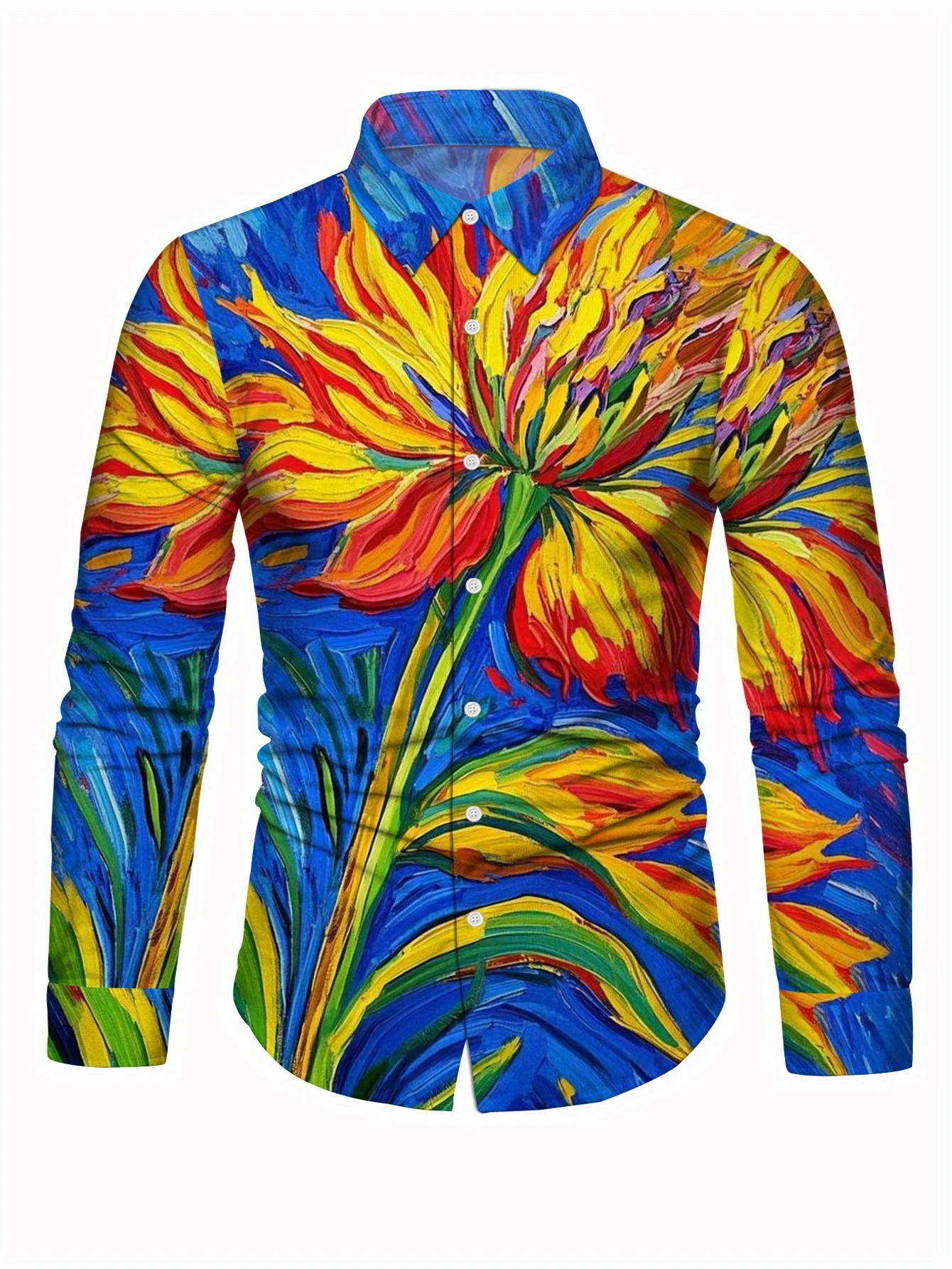  Men'S Stylish Long Sleeve Print Button-Up Shirt - Vibrant Floral & Geometric Design, Regular Fit, 