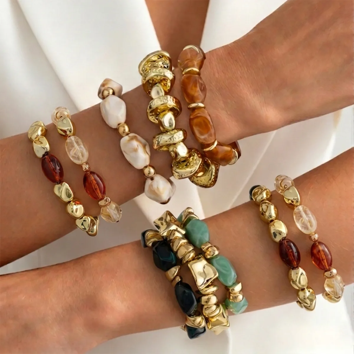 Beaded Bracelet Upgraded Amber Marbled Hammered Stretch for Women Eco Friendly Resin Travel Party Wear Unique Jewelry