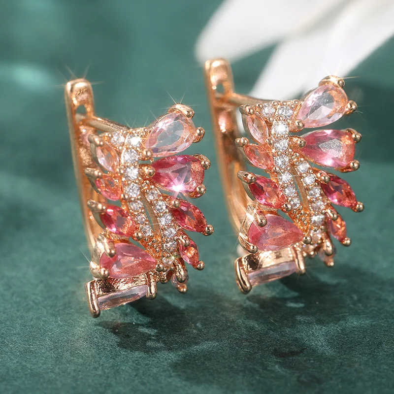 Gorgeous Gold Color Pink CZ Hoops Earrings Woman Geometry Fashion Party Daily Wear