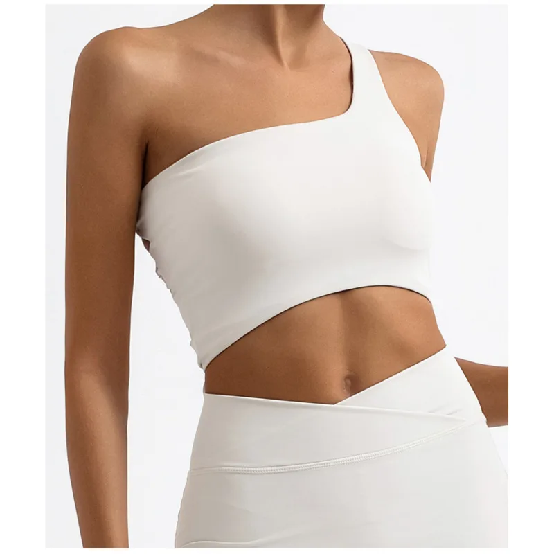 

Sexy Backless Crisscross Yoga Tank Asymmetric Single-Shoulder Sports Top Chic Women's Solid Color Sports Bra With Removable Pads