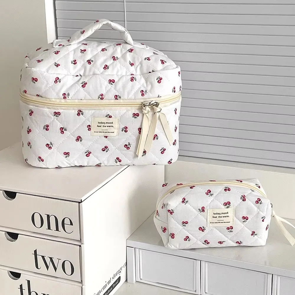 

Портативная женская косметичка Cherry Tote, большая вместительная многофункциональная хлопковая стеганая сумка на молнии, косметичка для хранения туалетных принадлежностей