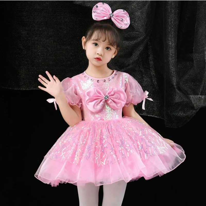 

Sequins Mesh pink dance costume girls Children Kids Stage Performance Costumes Fairy sky blue dance dress Dresses