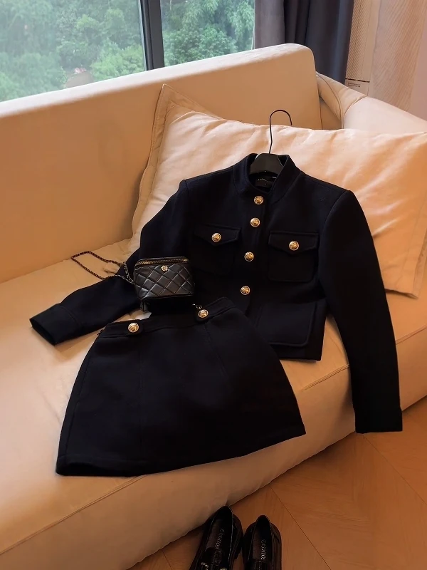 Elegant Black Stand Collar Jacket And Skirt Set Women's Fashionable Two-Piece Suit Autumn Season High Waist Warm Clothing