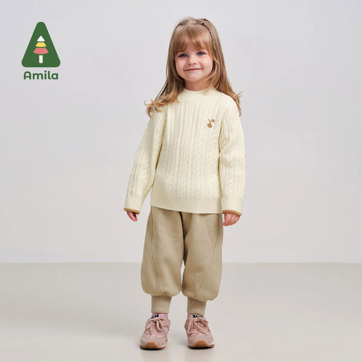 Amila Baby Sweater 2024 Winter New Style For Girls Warm Skin-Friendly Solid Color Sweet Round Neck Versatile Children’s Pullover