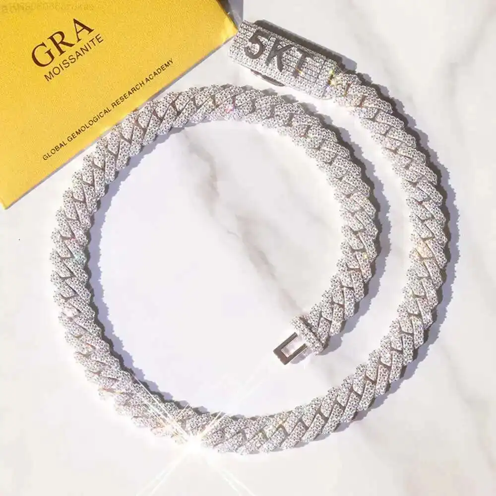 

Sale High Quality Jewelry Necklace Bracelet 12mm 2 Row Hip Hop Diamond Cuban Link Chain Moissanite 925 Silver Cuban Chain