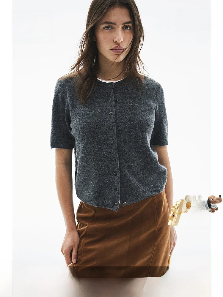 

H&M Women's Knitted ort Sve Cardigan Slim Fit round Ne Ribbed Knitwear Polyester Acrylic Wool Spandex Blend Autumn 2024
