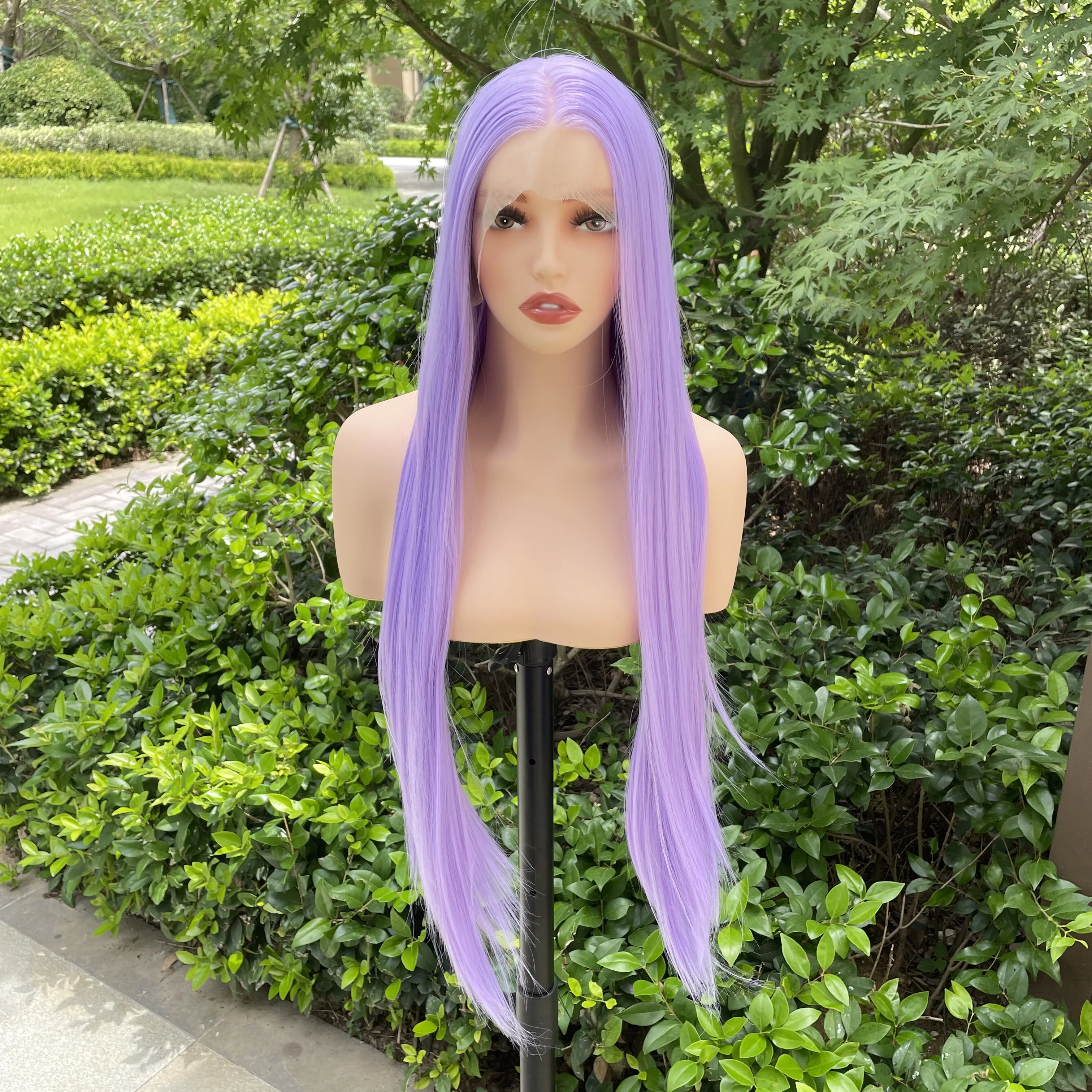 High Quality Light Purple Long Sliky Straight Synthetic Wig for Woman 26Inch Free Part Glueless 13x4 Lace Front Wig Natural 150%