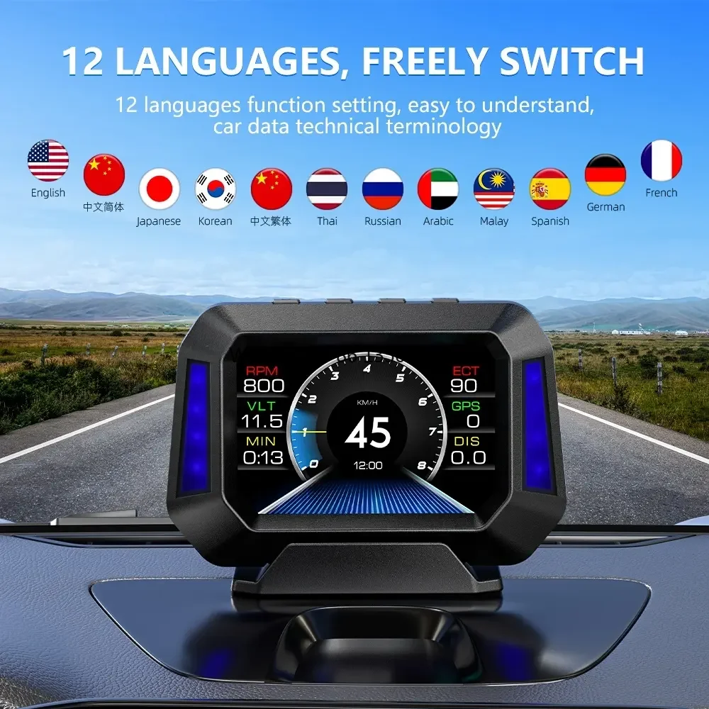 

Smart Gauge OBD2+GPS Head up Display 12 Languages Speedometer with Slope Meter Turbo Boost HUD