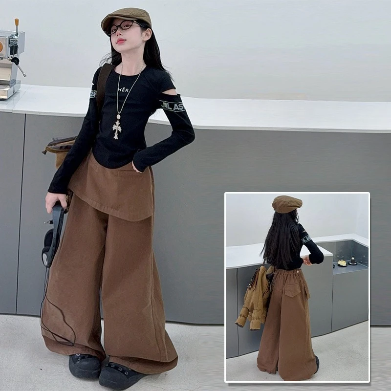 

2026 American Retro 2-in-1 Peek-A-Boo Jeans, Girls Spring New Trendy Cotton Wide Leg Pants