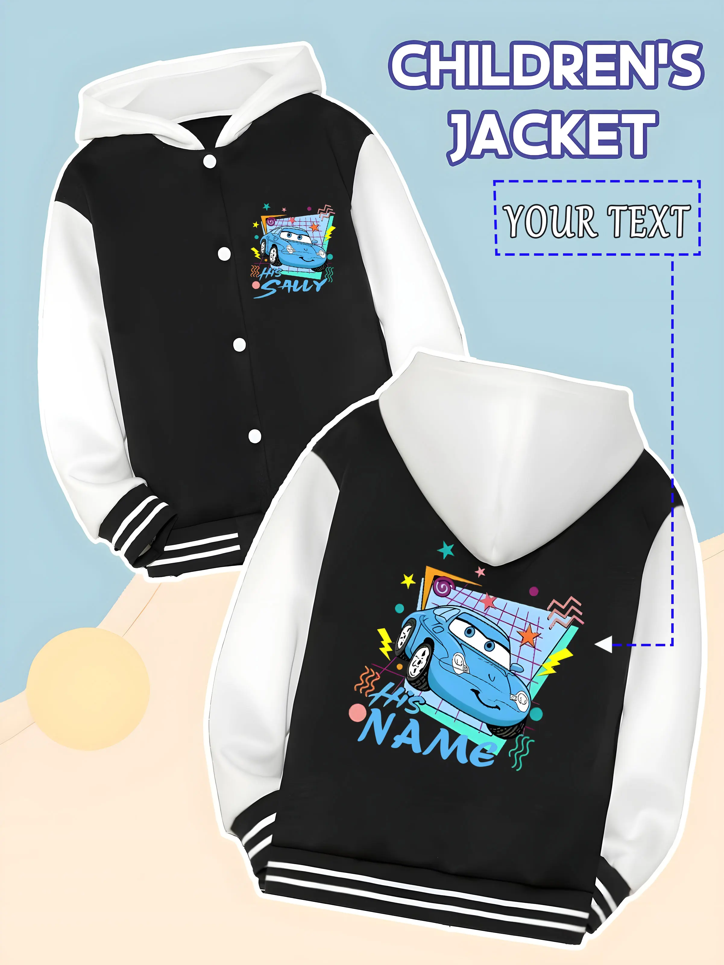 

MINISO Disney Cars Sally Colorful Kids Baseball Jacket - Sally is paired with a colorful background, fashionable and eye-catchin