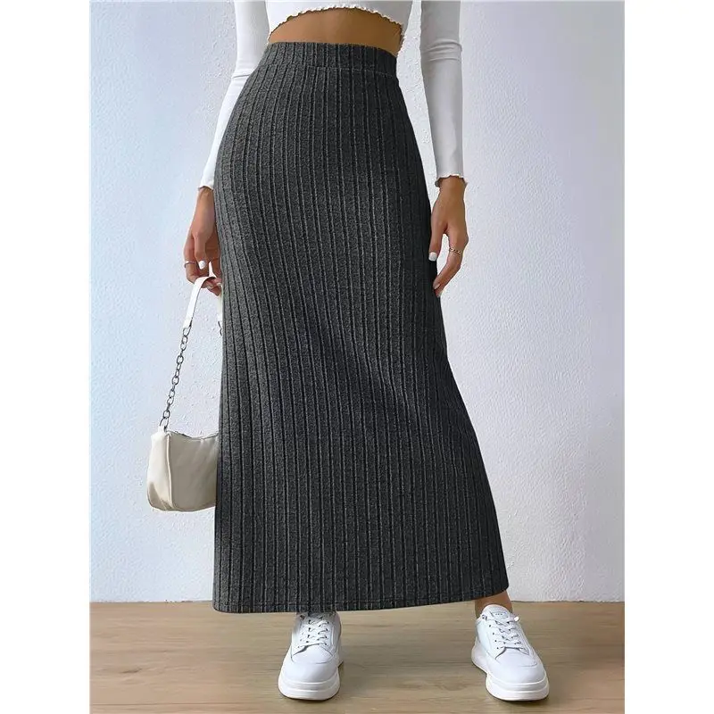 ABAE-أنثى الصلبة عالية الخصر سبليت الجانب تنورة عادية محبوك ماكسي التنانير مريح Bodycon فستان #3