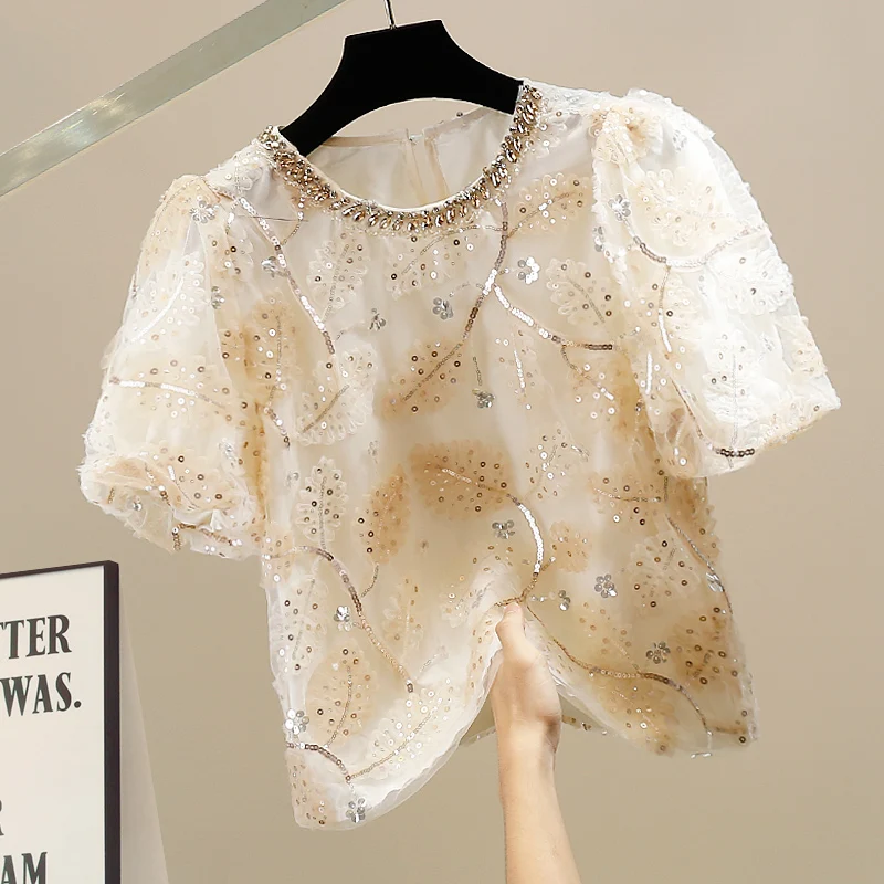 Novo redondo Ne pesado embelezado lantejoulas com zíper Slim Fit Bubble Sve Small irt Design Trendy Top Commute Sle Summer Fas...