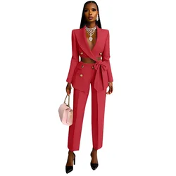 Women Spring Summer 2pcs Office Lady Smart Clothes Set Long Sleeve Button Bowknot Jacket Blazer & High Waist Pants