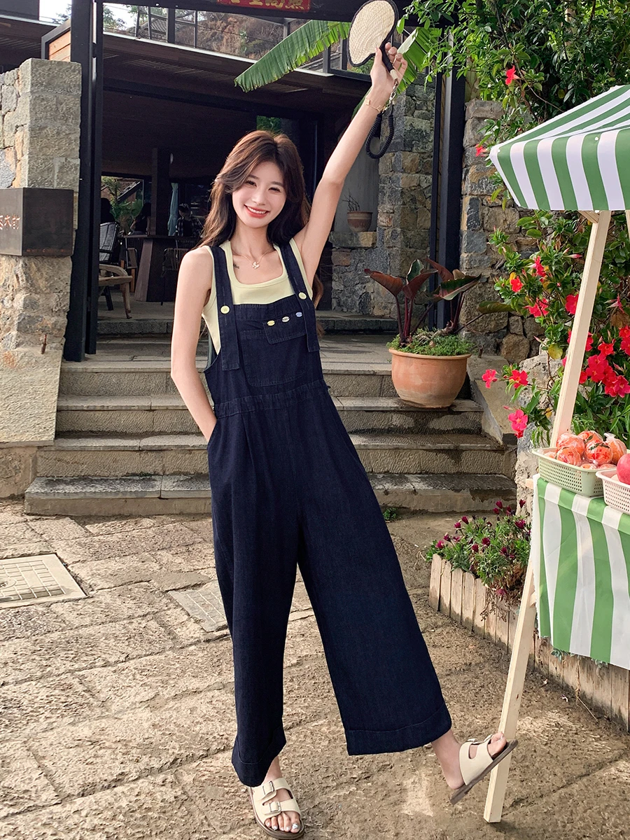 

Casual Slimming Long Denim Overalls Women's Summer New Sle Two-Piece Set round Neline Top And Bot Matching Outfit