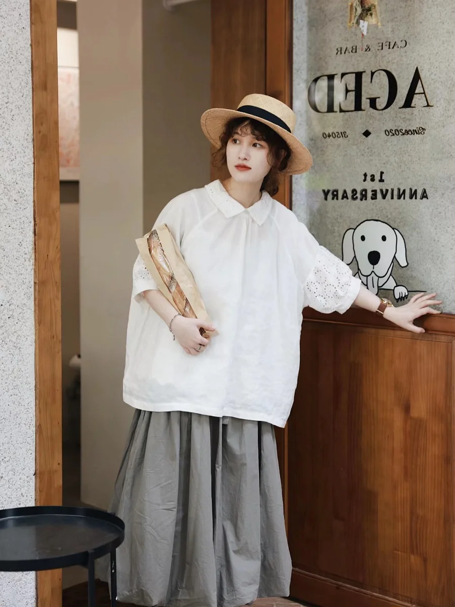 

Женская хлопково-льняная рубашка в стиле ретро с вышивкой, винтажная, в горошек, с пышными рукавами, милый топ-кукла, летняя повседневная рубашка