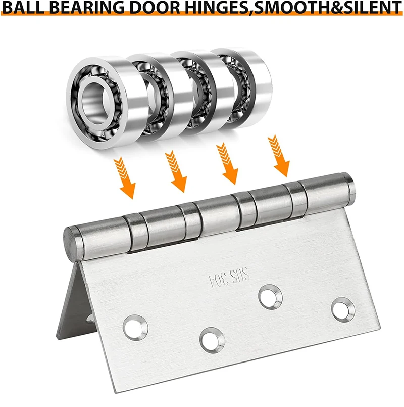 304 Stainless Steel Door Hinges with Ball Bearing, Non-Removable Pin, Heavy Duty for Exterior Interior Doors, 4 in, 5 in, 2PCs
