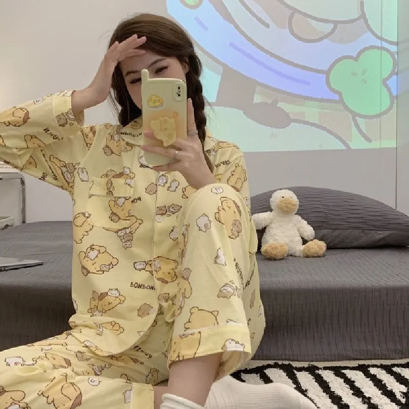 Cartoon Sanrio Pom Pom Purin Pajamas Girls Spring And Autumn Cotton Sweet Can Wear Long-sleeved Trousers Home Clothes Loose Suit