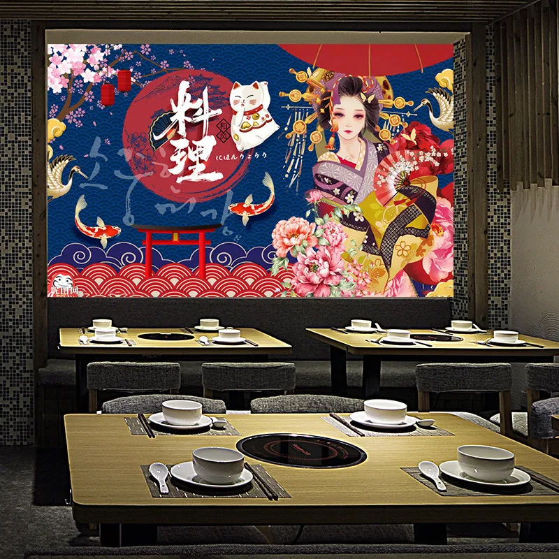 Japanese Kimono Lady Cuisine 3D Wallpaper Izakaya Industrial Decor Sushi Restaurant Background Wall Paper 3d Geisha Mural