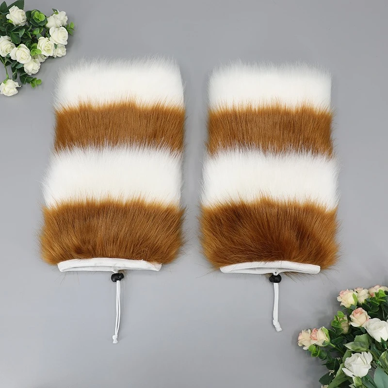 Gyaru Faux Fur Leg Warmer Winter Goth Striped Leg Warmers Y2k Knee High Socks Boot Cuff Slouch Socks JK Girl Boot Cover Hosiery view 3