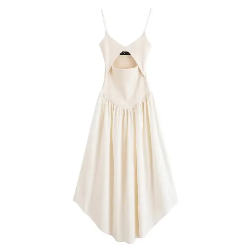 Women's Summer Fashion Sleeveless V-Neck Pleated Midi Dress Backless Opening Design Solid Color Party Suspender Dress
