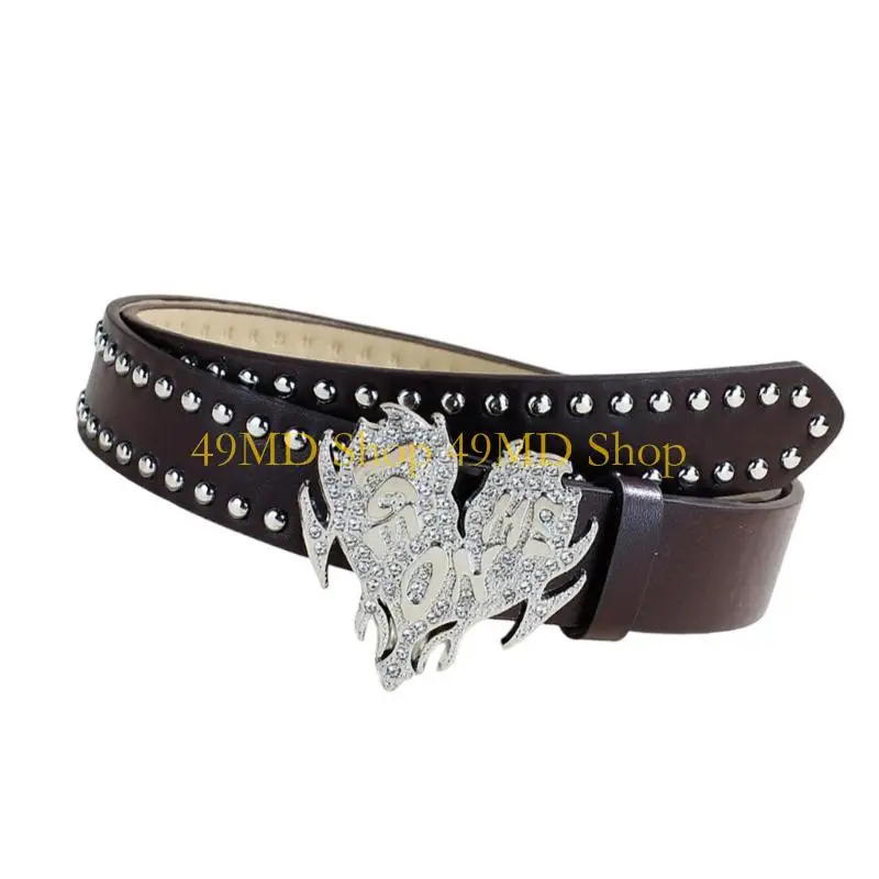 49MD Popular Belt for Pants Jeans Rhinestones Heart Buckle Waistband Rivet Belt Adjustable Waistband for Women Date Daily Use