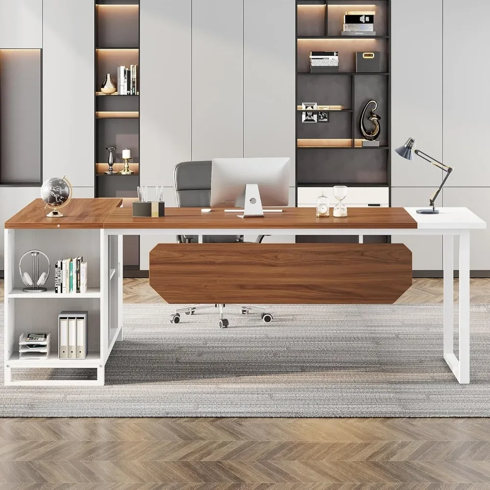70,8" directiebureau met 55" archiefkast, groot L-vormig computerbureau met opbergruimte en planken, modern L-vormig bureau