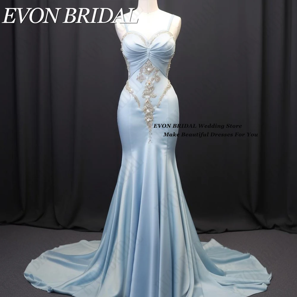 EVON BRIDAL Elegant Satin Evening Dresses 2024 Spaghetti Straps Embroidery Party Dress Mermaid Sky Blue vestidos de graduación